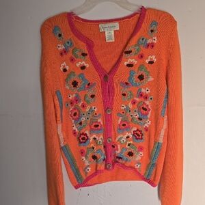 VINTAGE Susan Bristol Orange and Pink Cardigan Sweater with Embroidery
